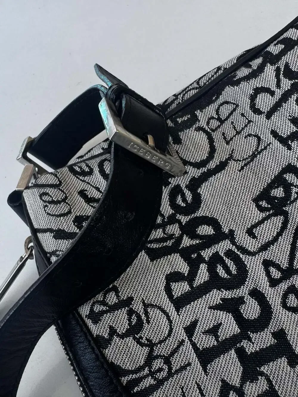 Iceberg Black and White Monogram Logo Print Shoulder Bag Baguette